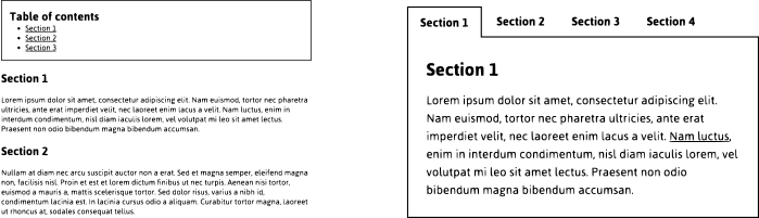 On the left: a table of content atop some headed page sections. On the right: a tab interface with the first tab selected.
